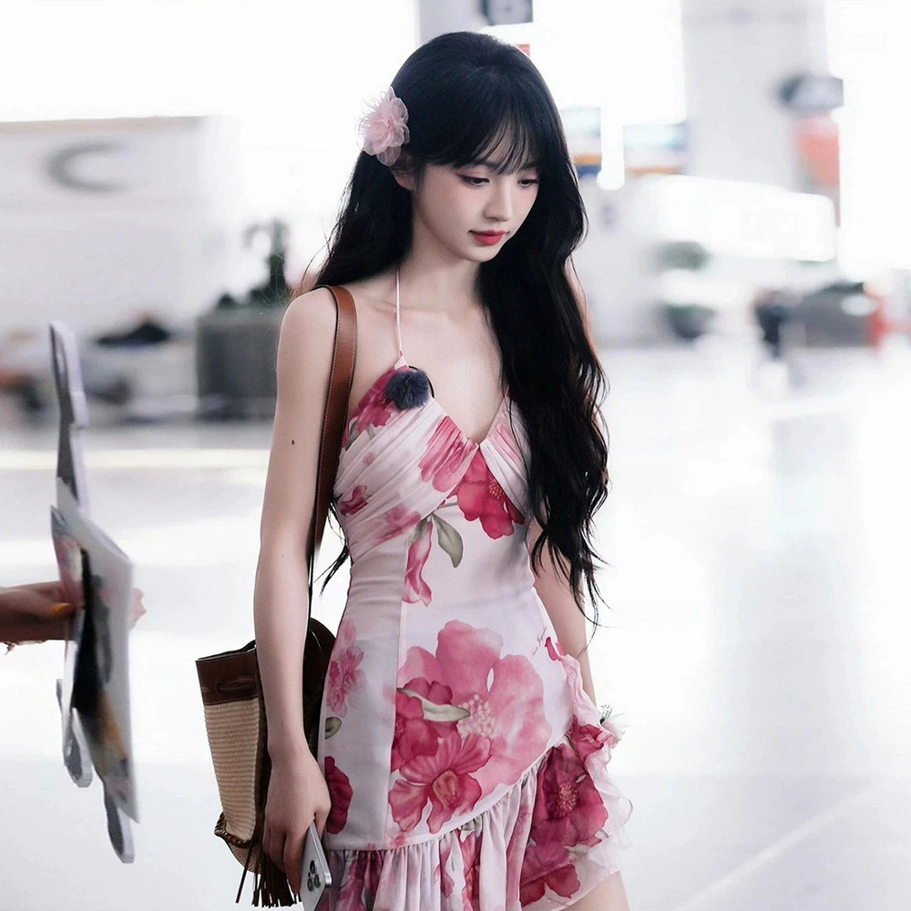 Zara New Summer Halter Backless Print Beach Dress